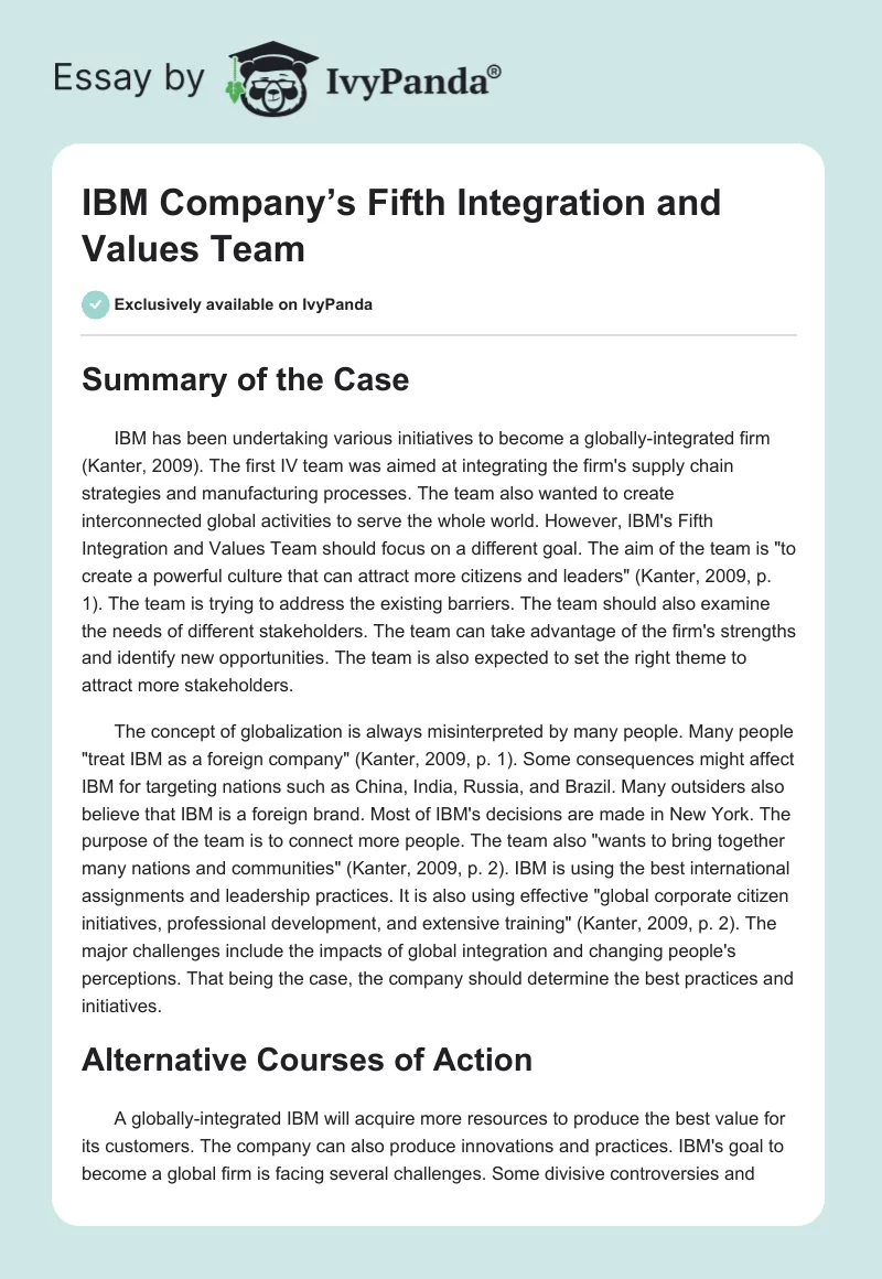 IBM Company’s Fifth Integration and Values Team. Page 1