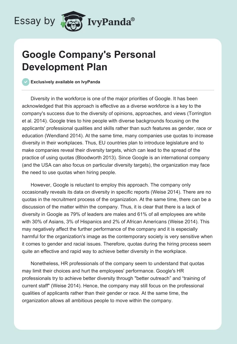 Google Company's Personal Development Plan. Page 1