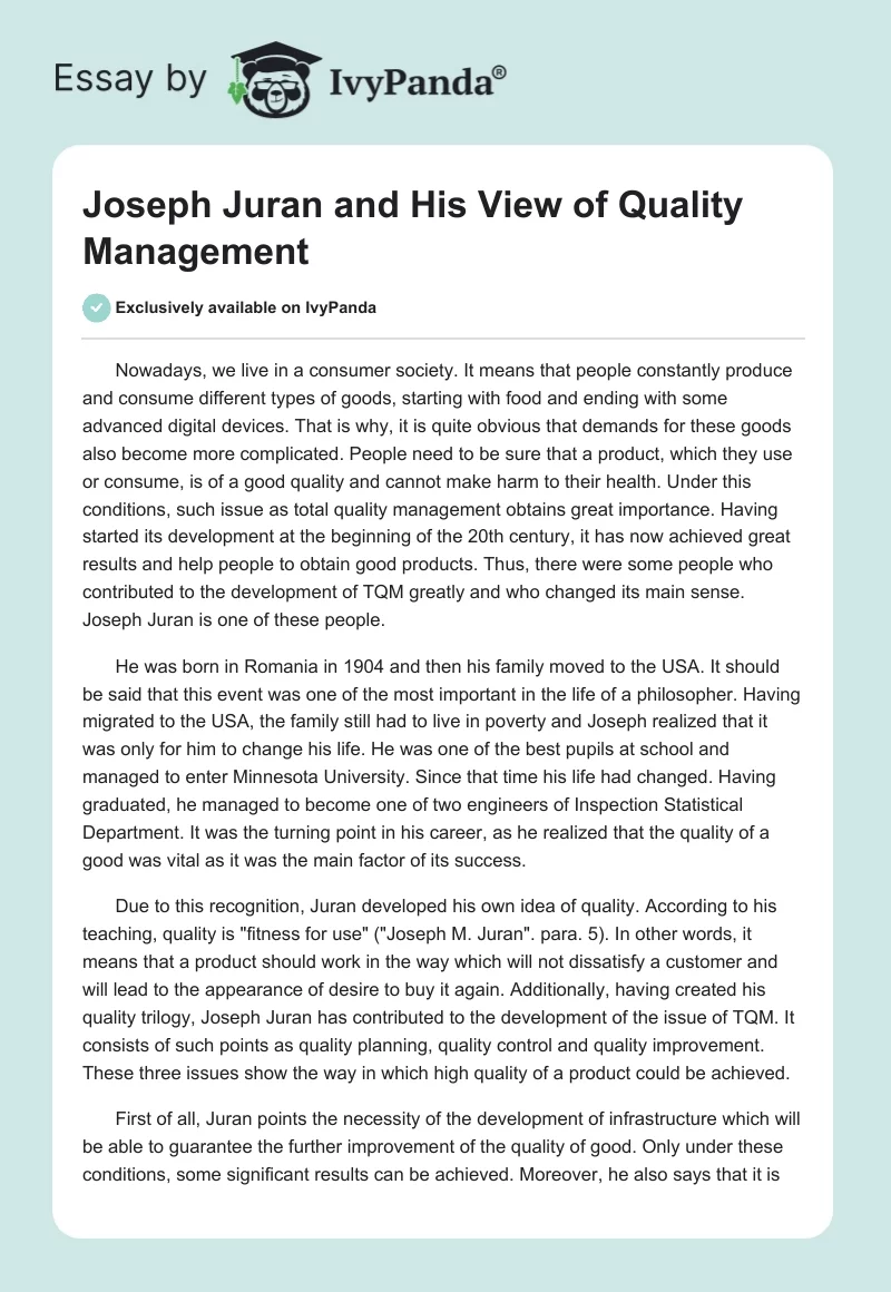 Joseph Juran and His View of Quality Management. Page 1