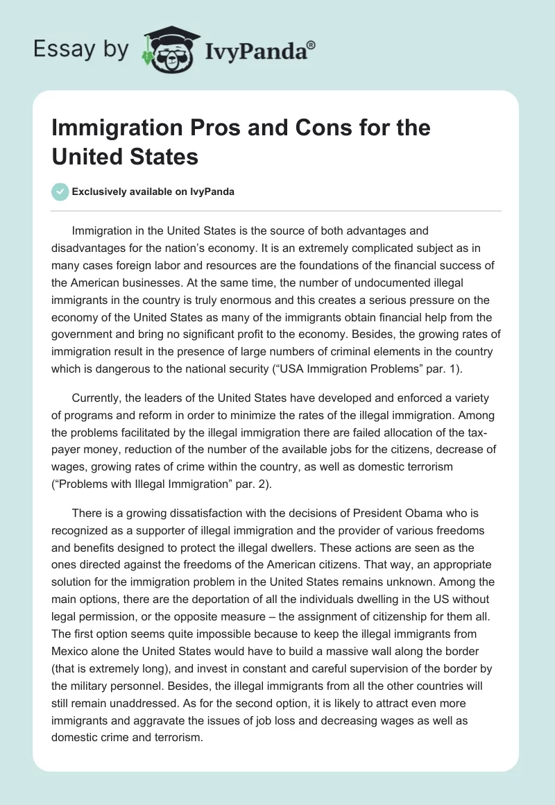 Immigration Pros and Cons for the United States. Page 1