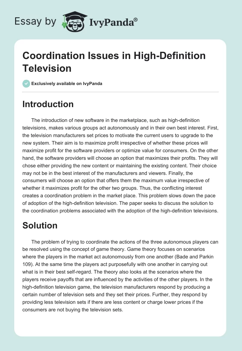 Coordination Issues in High-Definition Television. Page 1