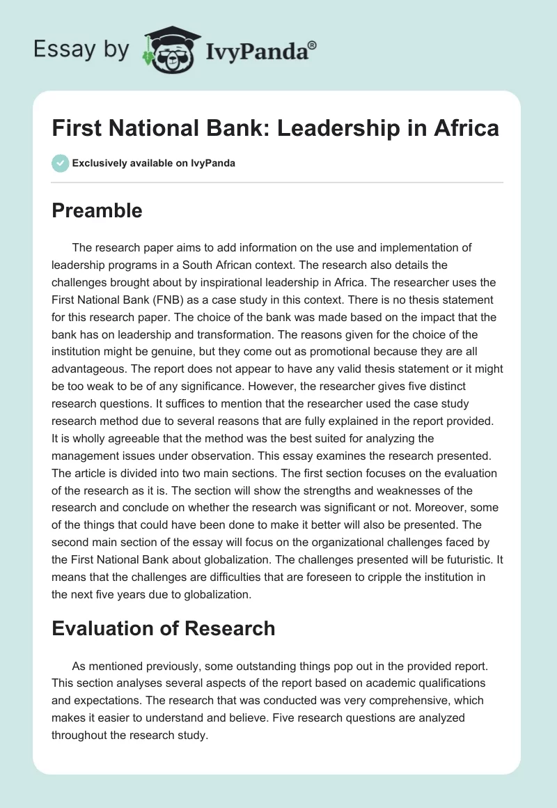 First National Bank: Leadership in Africa. Page 1