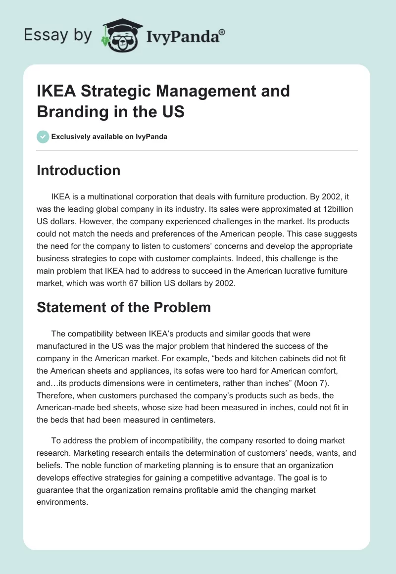 IKEA Strategic Management and Branding in the US. Page 1