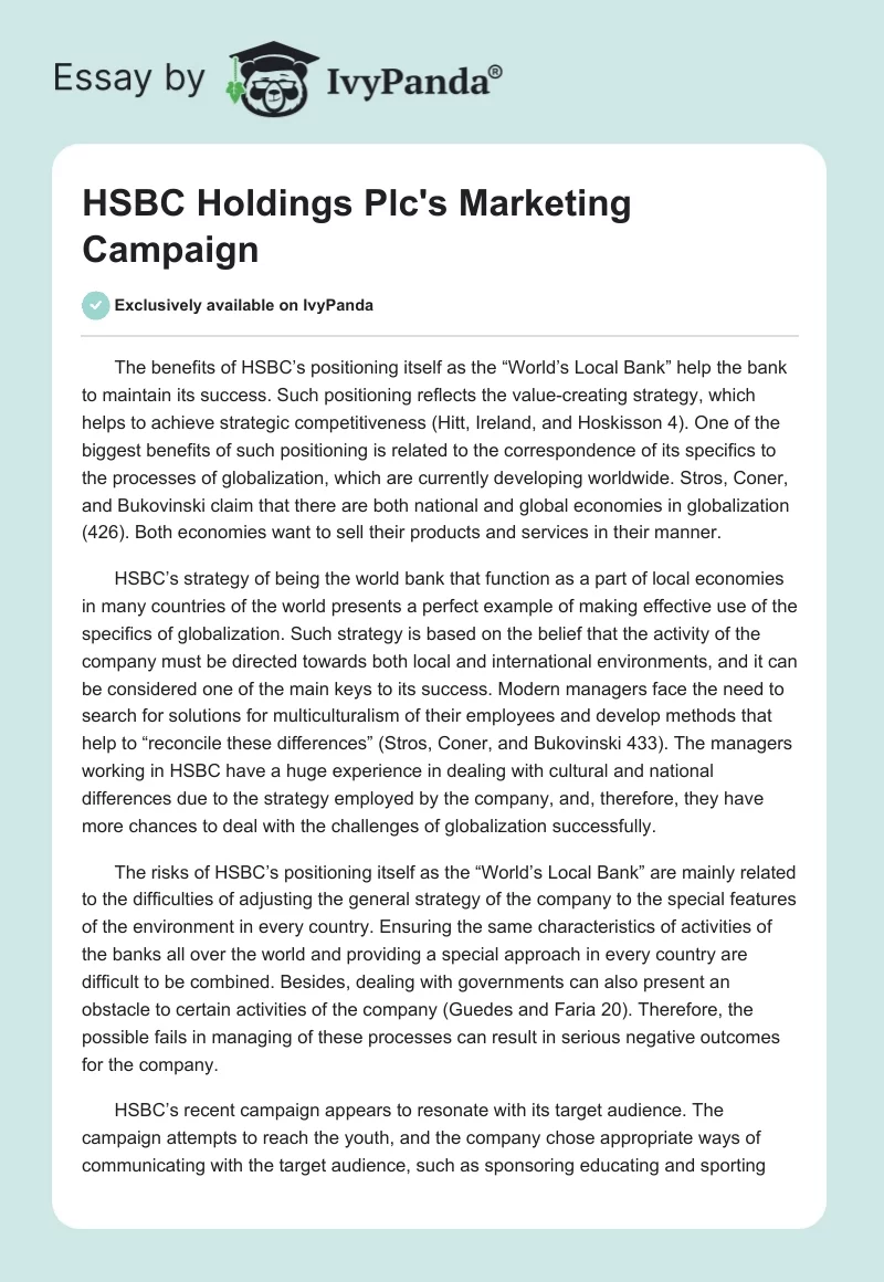HSBC Holdings Plc's Marketing Campaign. Page 1