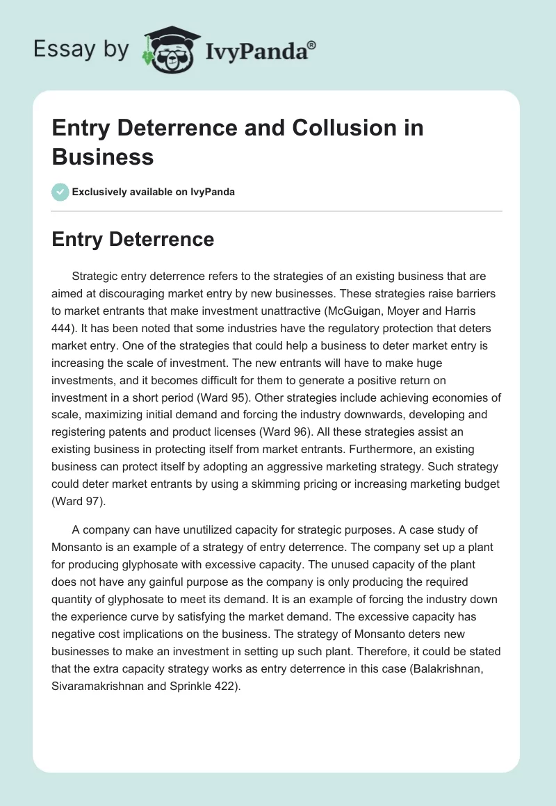 Entry Deterrence and Collusion in Business. Page 1