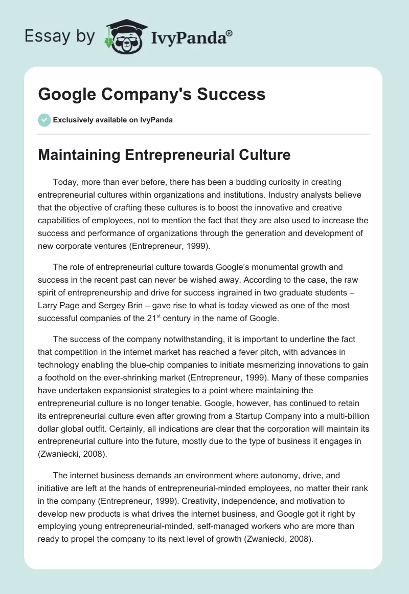 Google Company's Success. Page 1