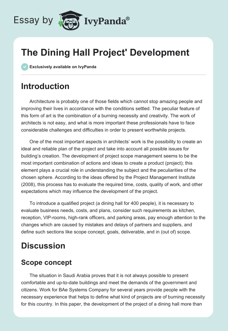 The Dining Hall Project' Development. Page 1