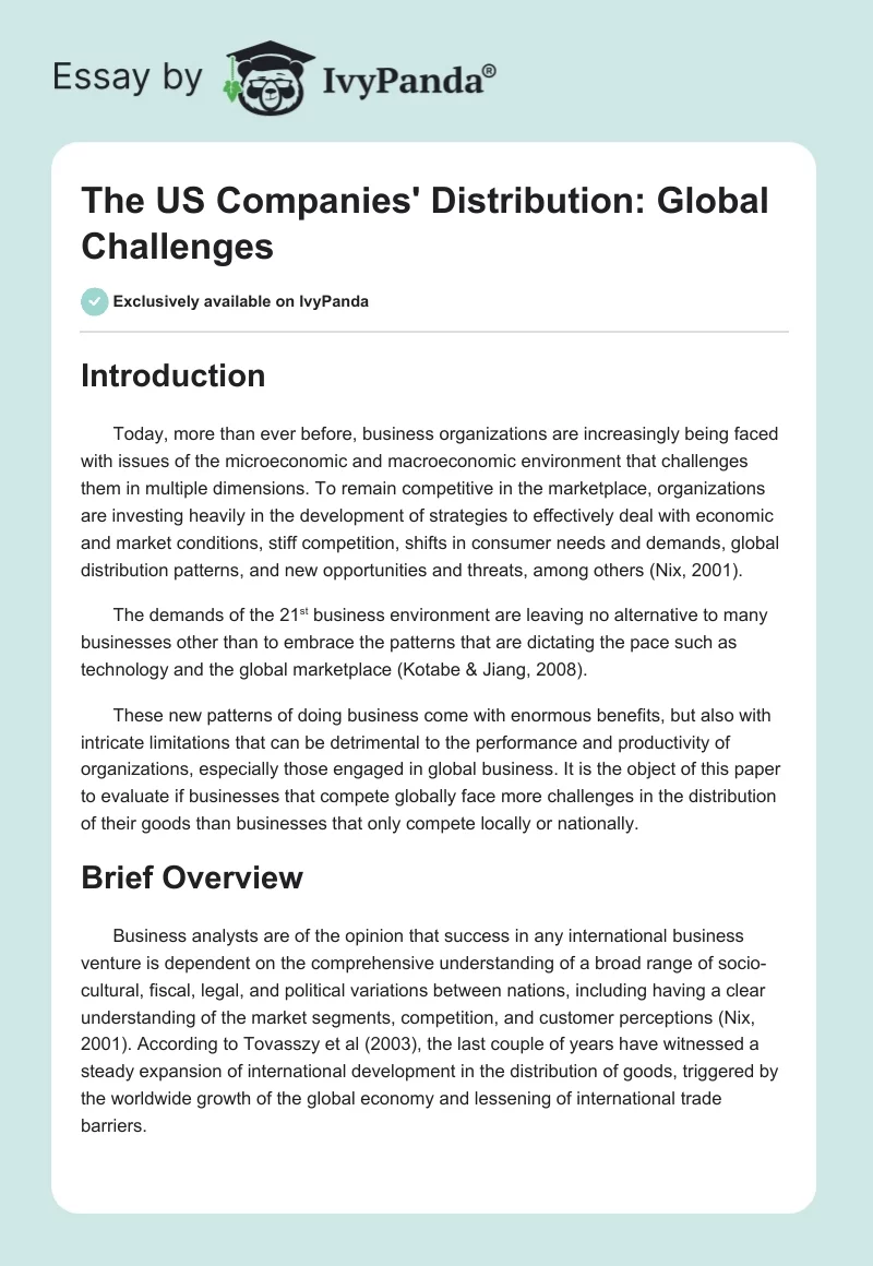 The US Companies' Distribution: Global Challenges. Page 1