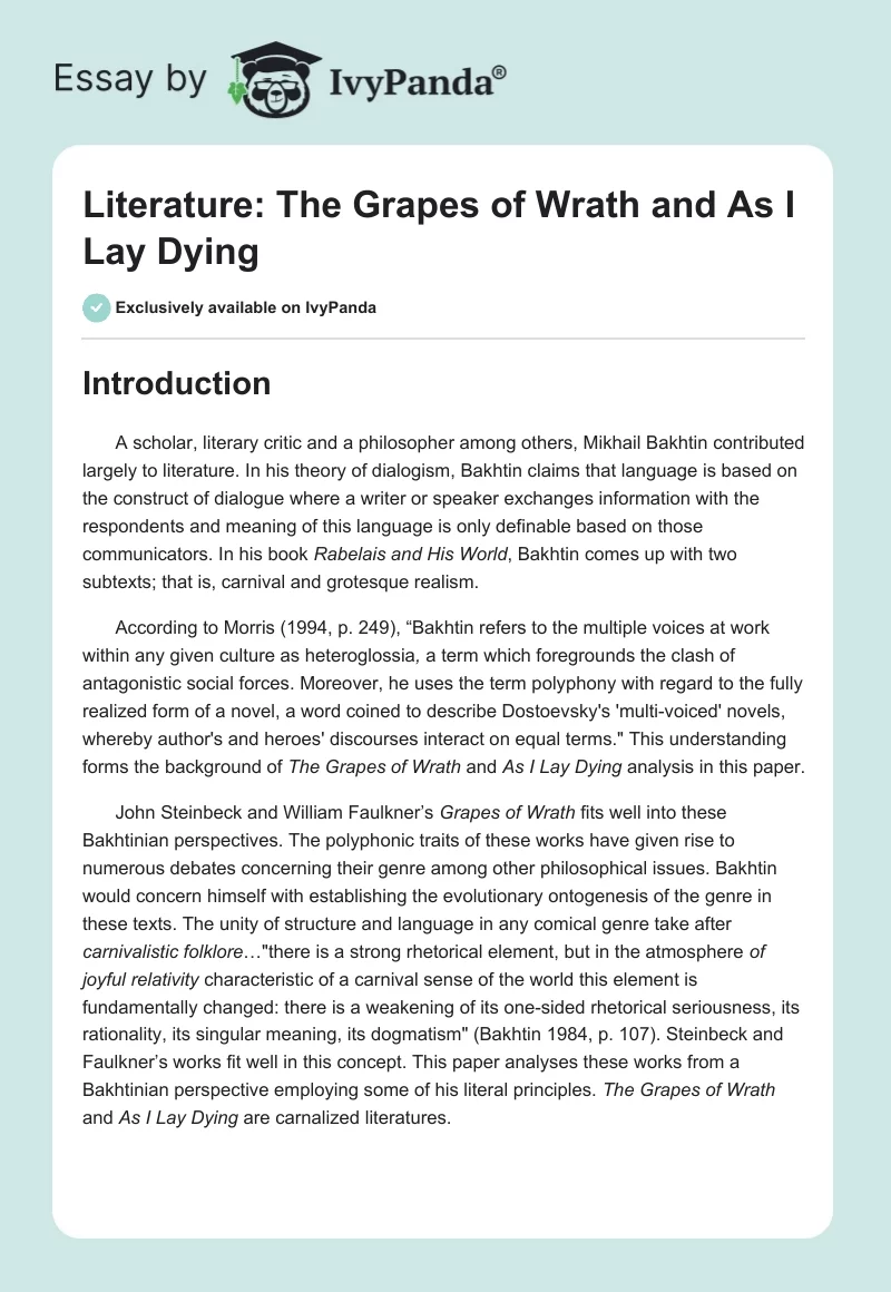Literature: The Grapes of Wrath and As I Lay Dying. Page 1