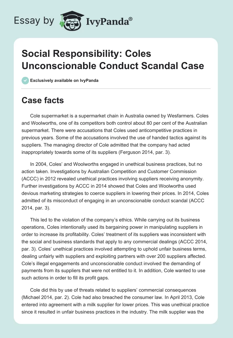 Social Responsibility: Coles Unconscionable Conduct Scandal Case. Page 1
