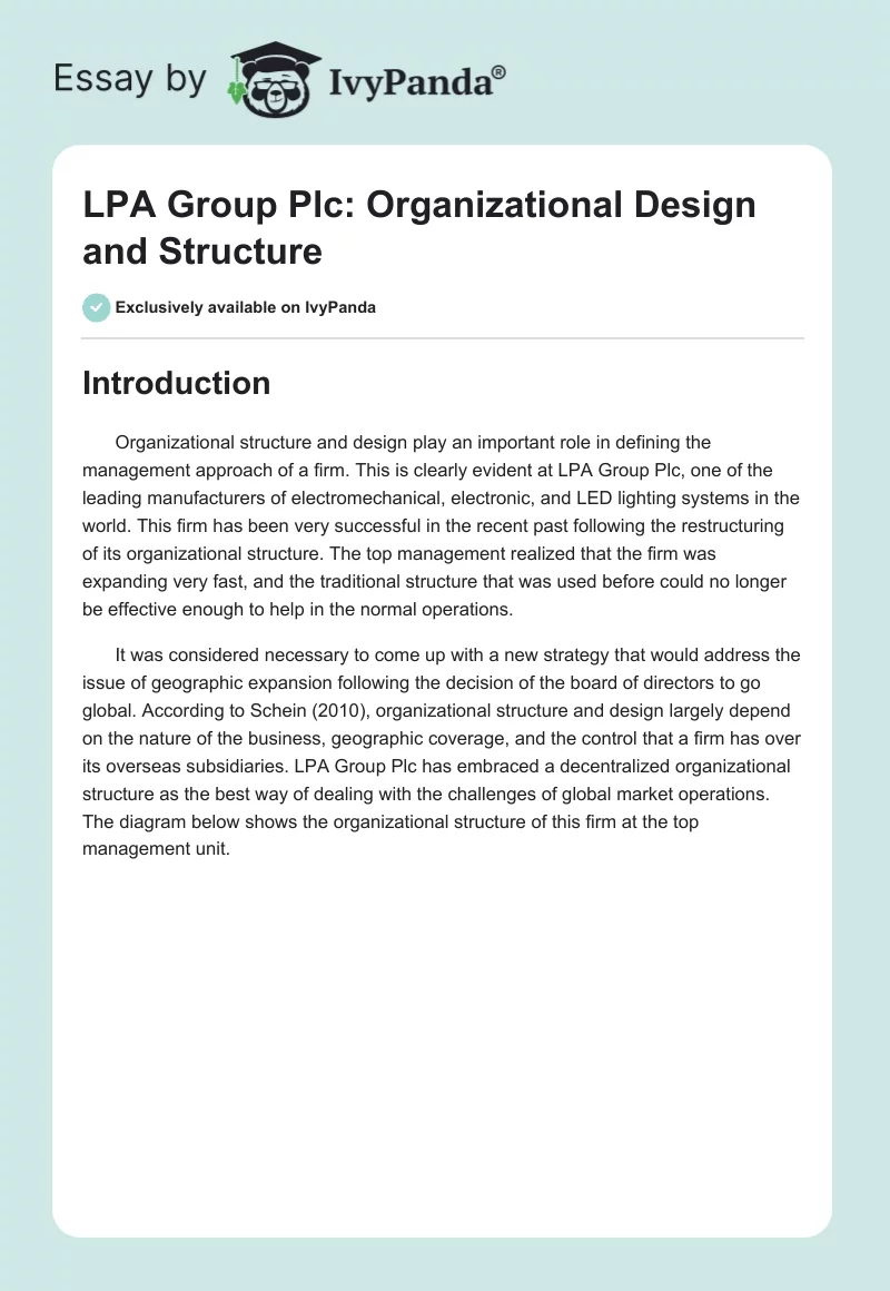 LPA Group Plc: Organizational Design and Structure. Page 1
