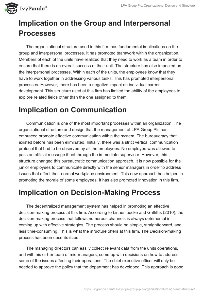 LPA Group Plc: Organizational Design and Structure. Page 4