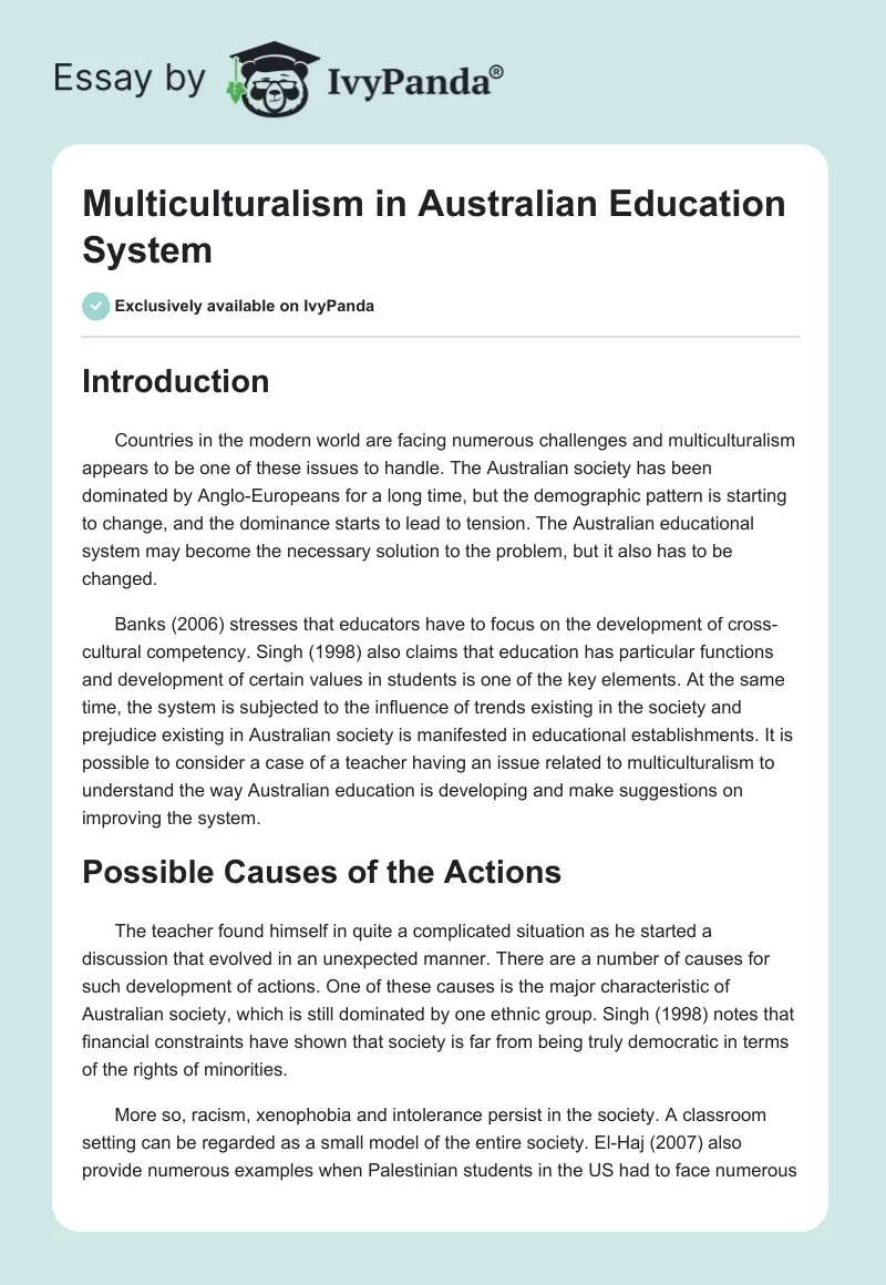 Multiculturalism in Australian Education System. Page 1
