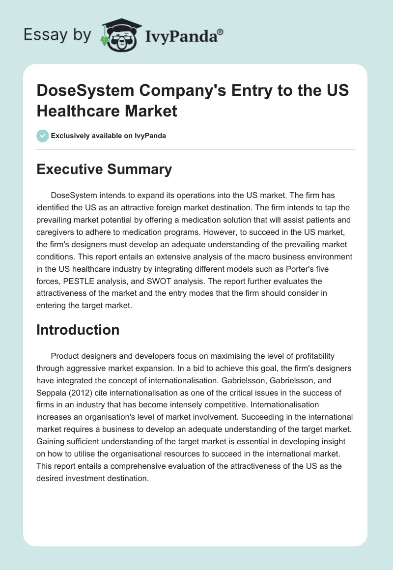 DoseSystem Company's Entry to the US Healthcare Market. Page 1