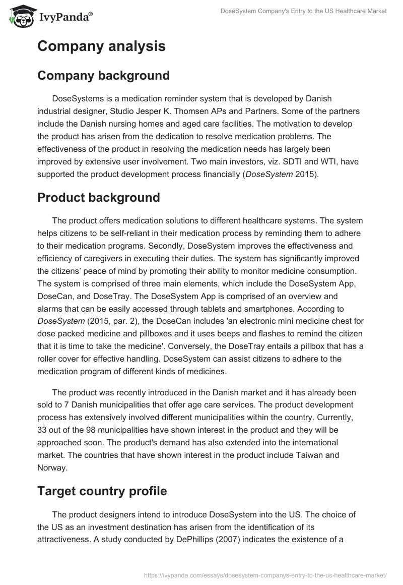 DoseSystem Company's Entry to the US Healthcare Market. Page 2