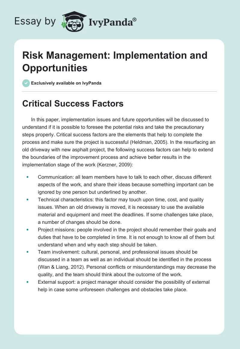 Risk Management: Implementation and Opportunities. Page 1