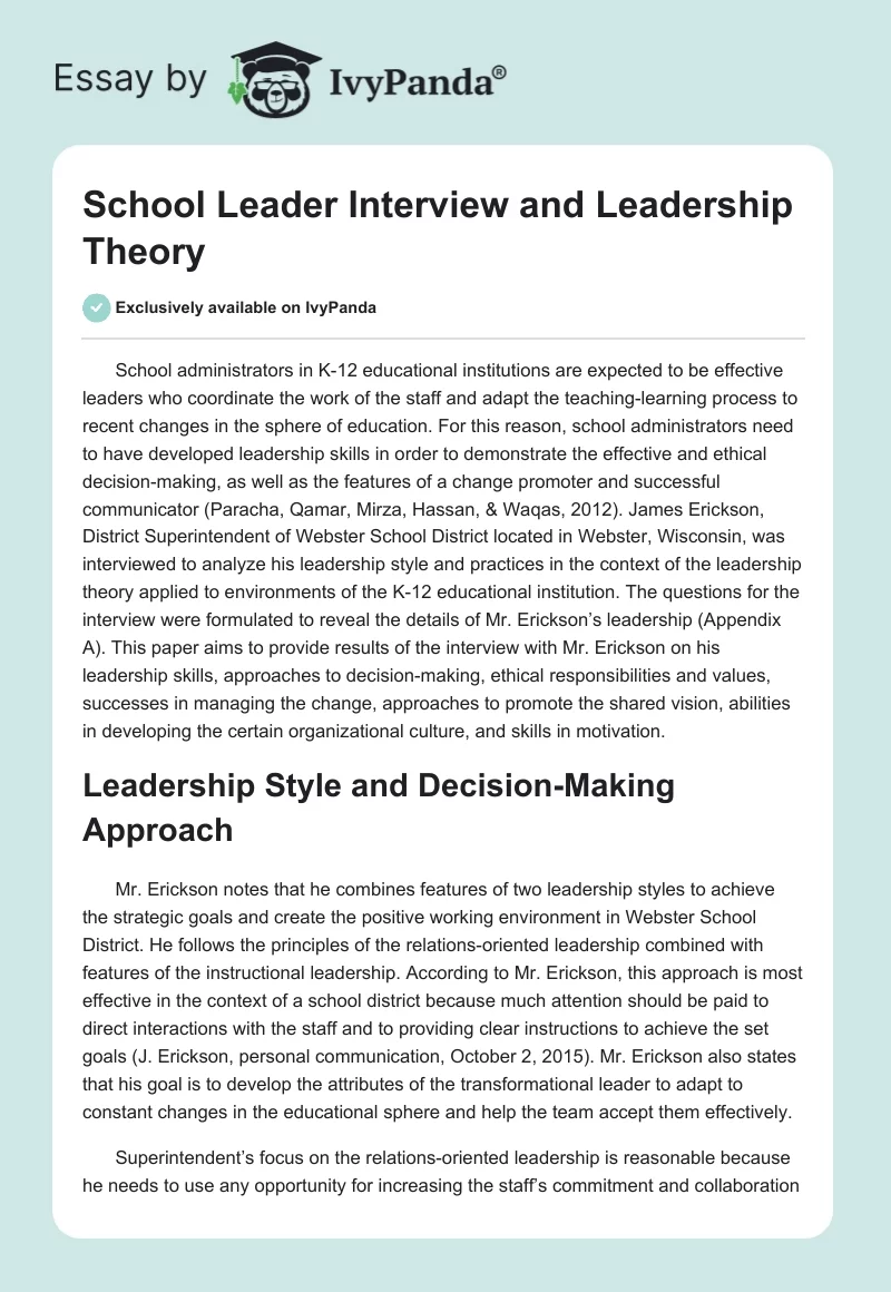 School Leader Interview and Leadership Theory. Page 1