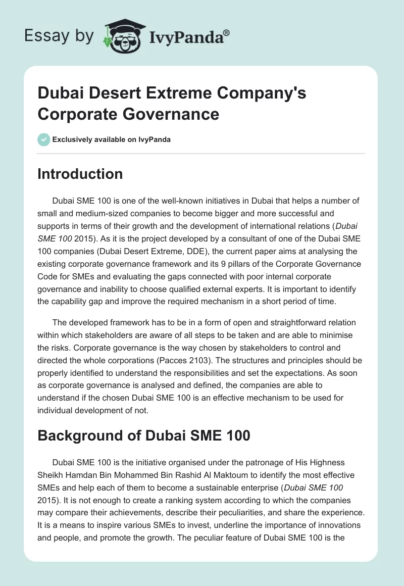 Dubai Desert Extreme Company's Corporate Governance. Page 1