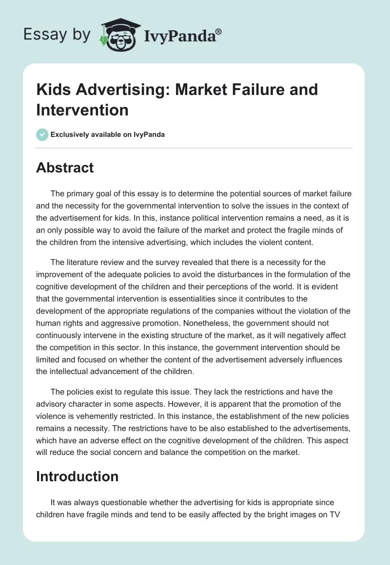 Kids Advertising: Market Failure and Intervention. Page 1