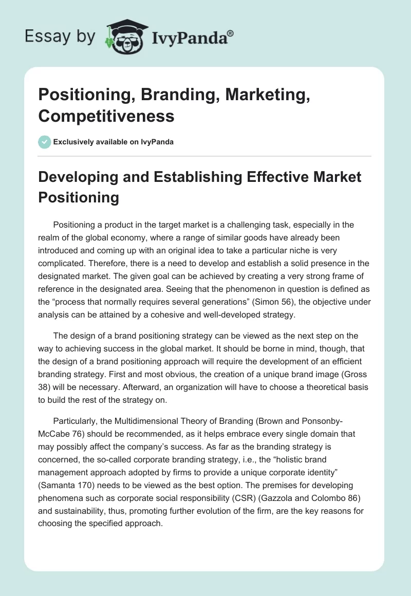 Positioning, Branding, Marketing, Competitiveness. Page 1