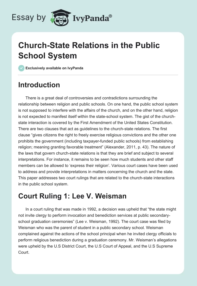 Church-State Relations in the Public School System. Page 1