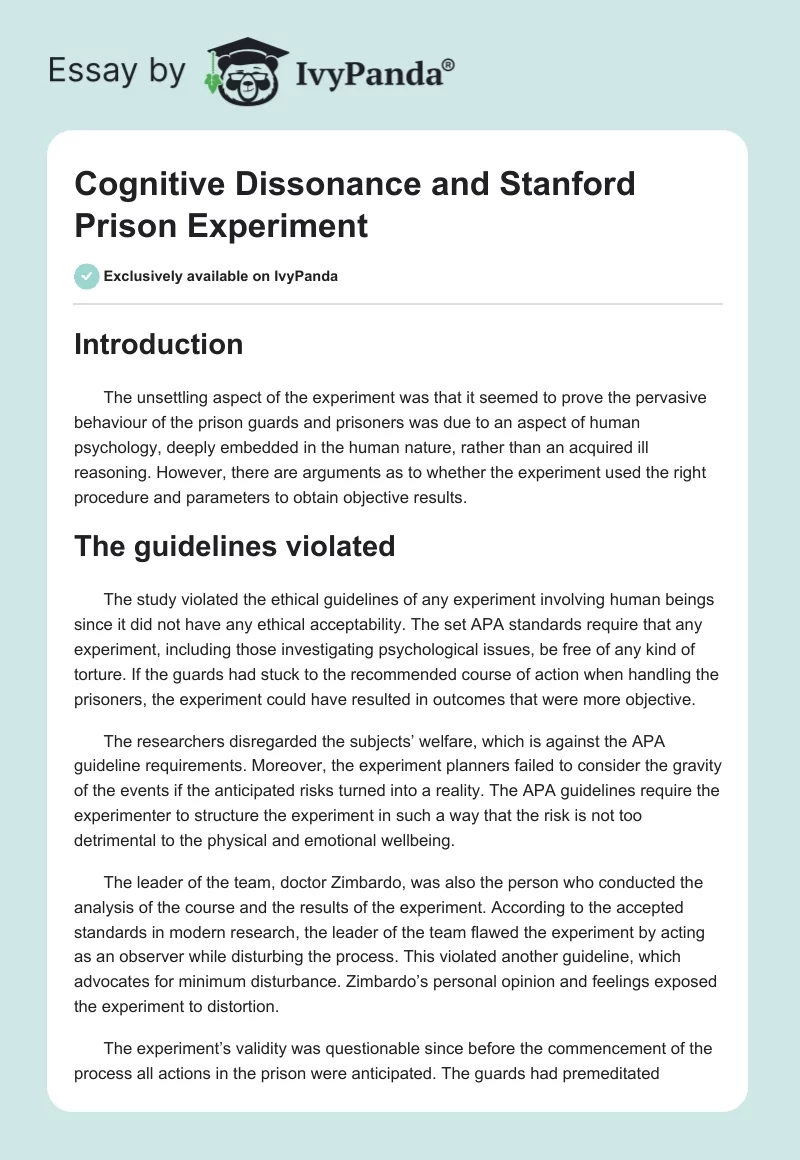 Cognitive Dissonance and Stanford Prison Experiment. Page 1
