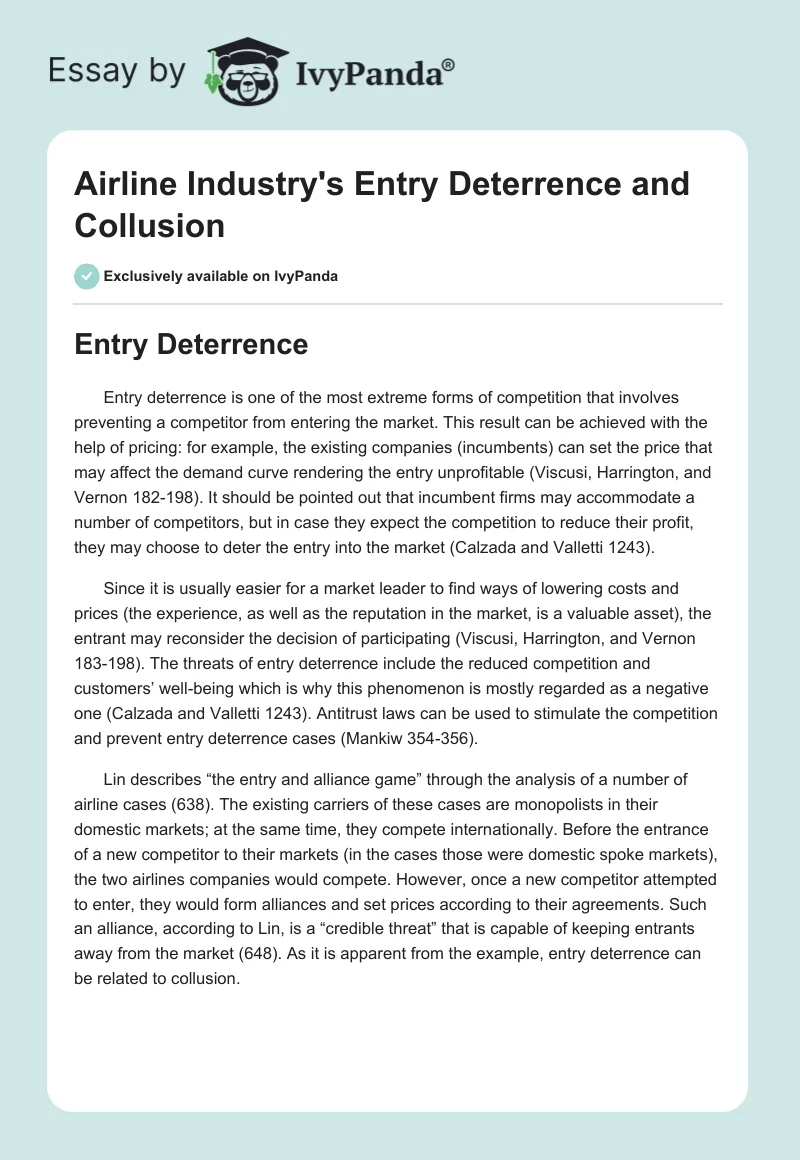 Airline Industry's Entry Deterrence and Collusion. Page 1