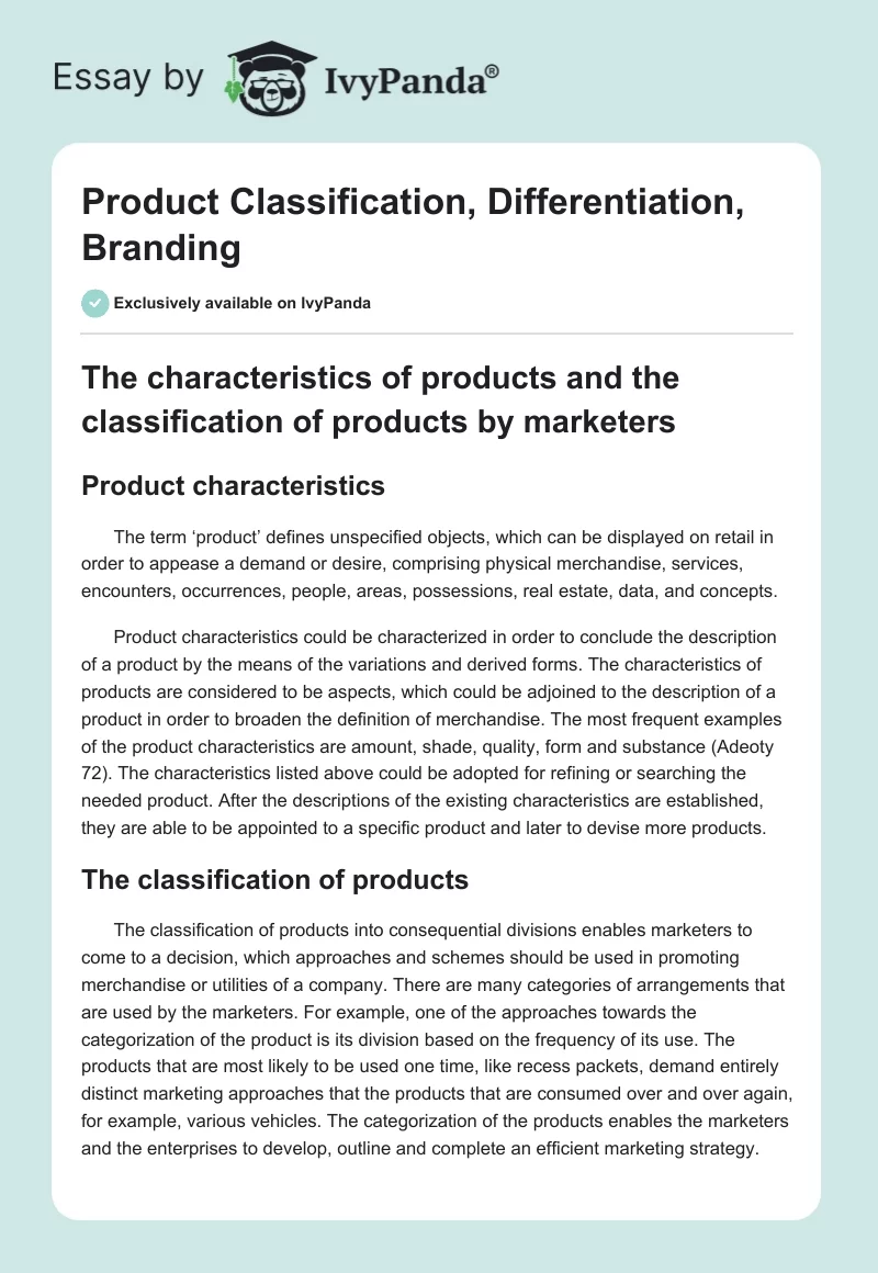 Product Classification, Differentiation, Branding. Page 1