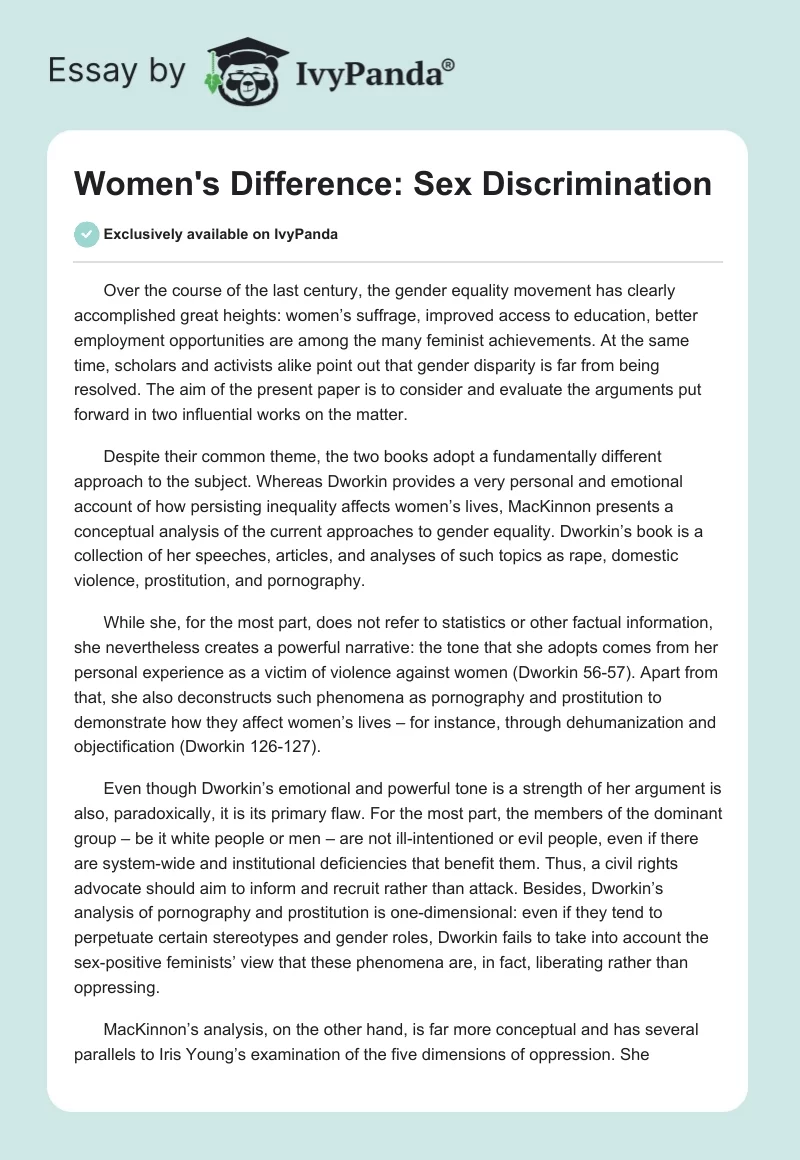 Women's Difference: Sex Discrimination. Page 1