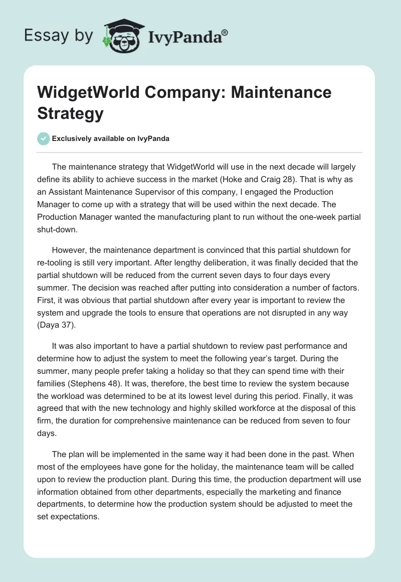 WidgetWorld Company: Maintenance Strategy. Page 1