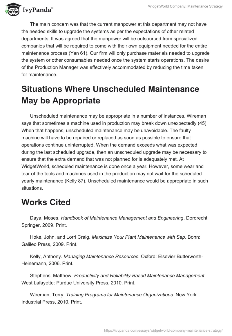 WidgetWorld Company: Maintenance Strategy. Page 2