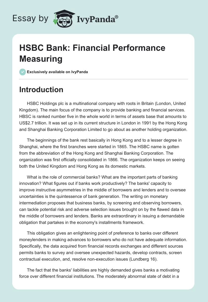 HSBC Bank: Financial Performance Measuring. Page 1