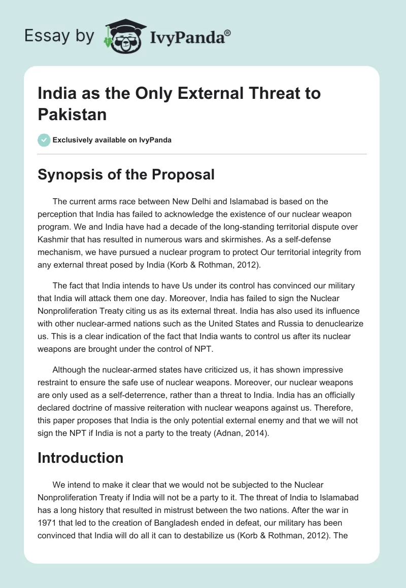 India as the Only External Threat to Pakistan. Page 1