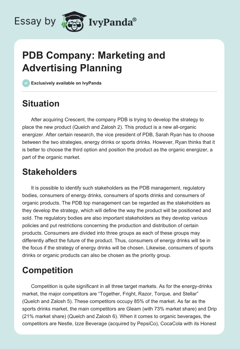 PDB Company: Marketing and Advertising Planning. Page 1