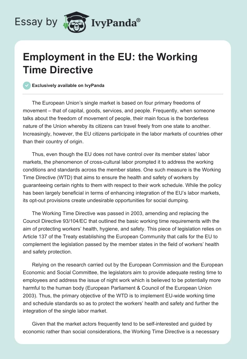 Employment in the EU: the Working Time Directive. Page 1