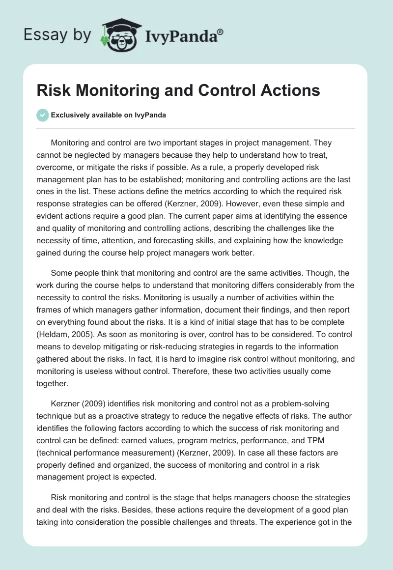 Risk Monitoring and Control Actions. Page 1