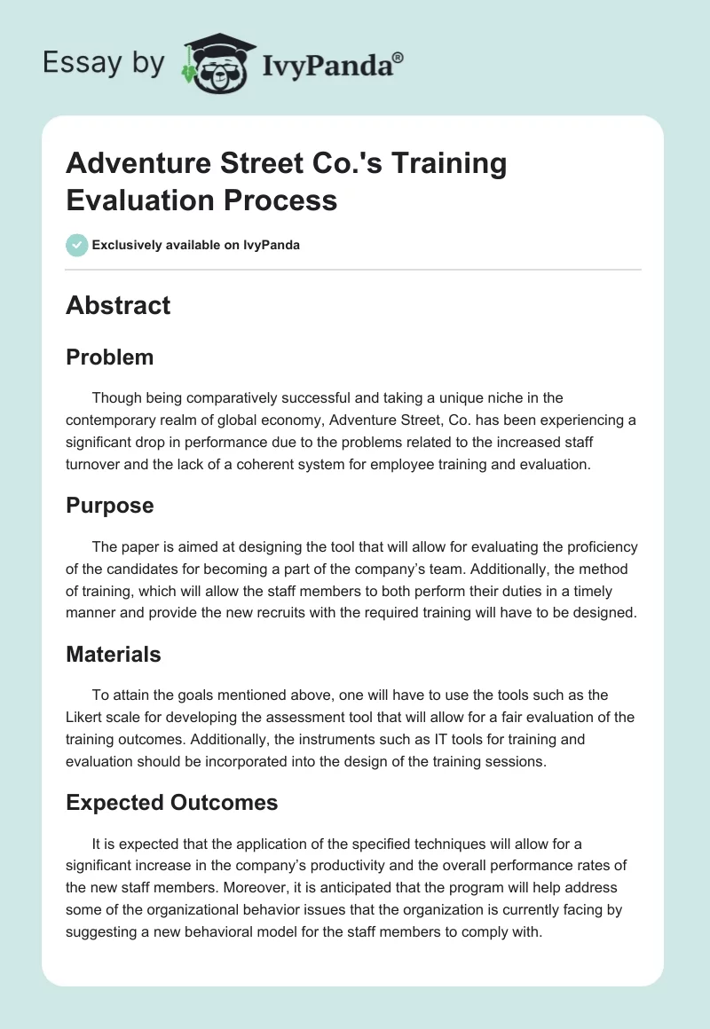 Adventure Street Co.'s Training Evaluation Process. Page 1