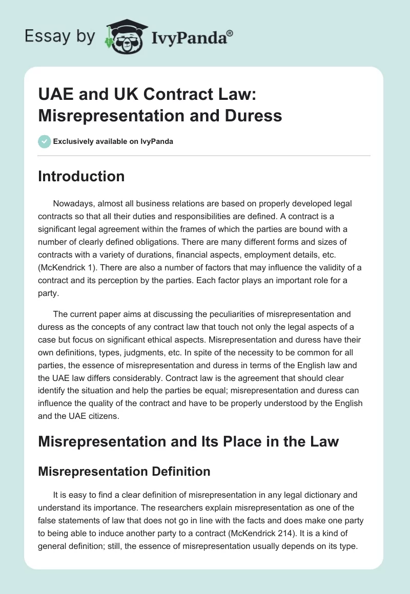 UAE and UK Contract Law: Misrepresentation and Duress. Page 1