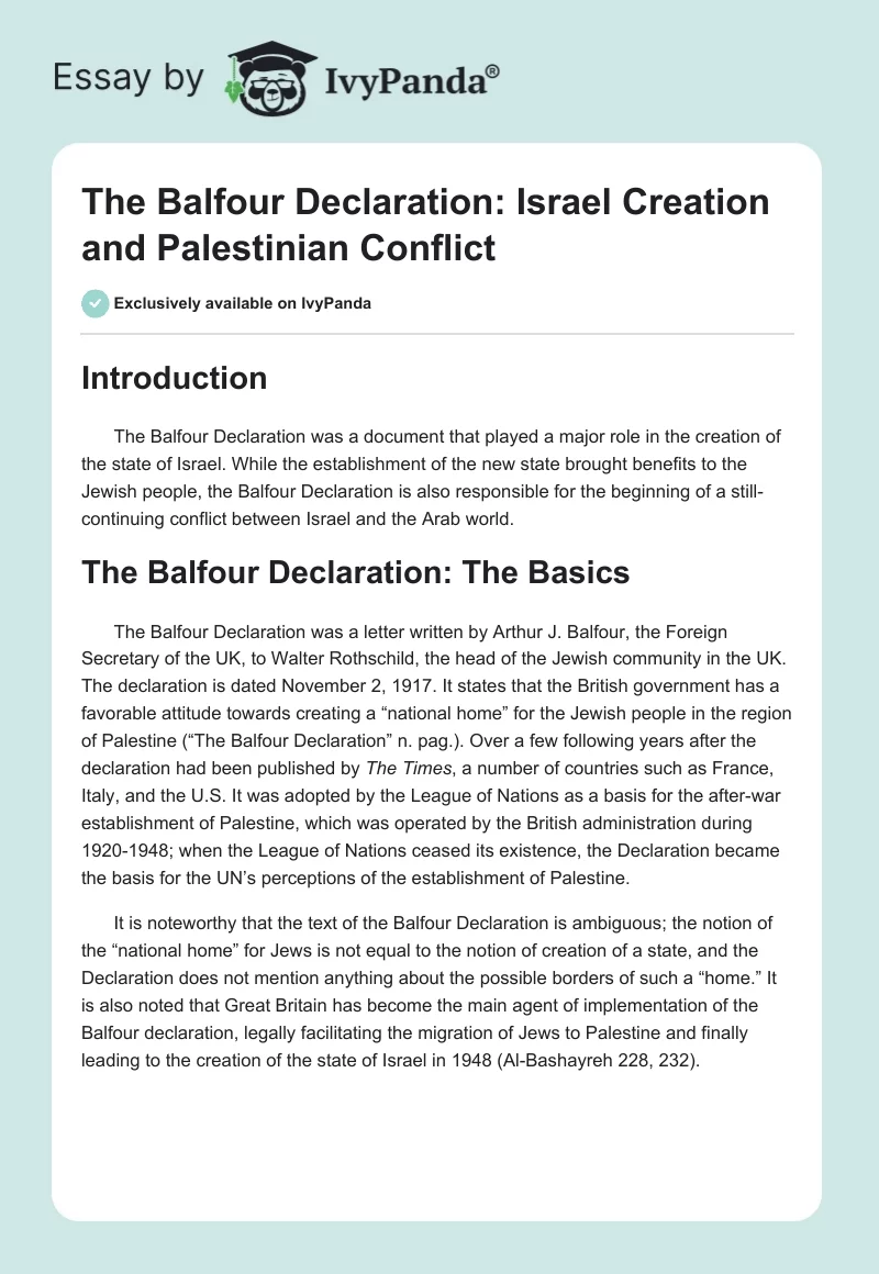 The Balfour Declaration: Israel Creation and Palestinian Conflict. Page 1