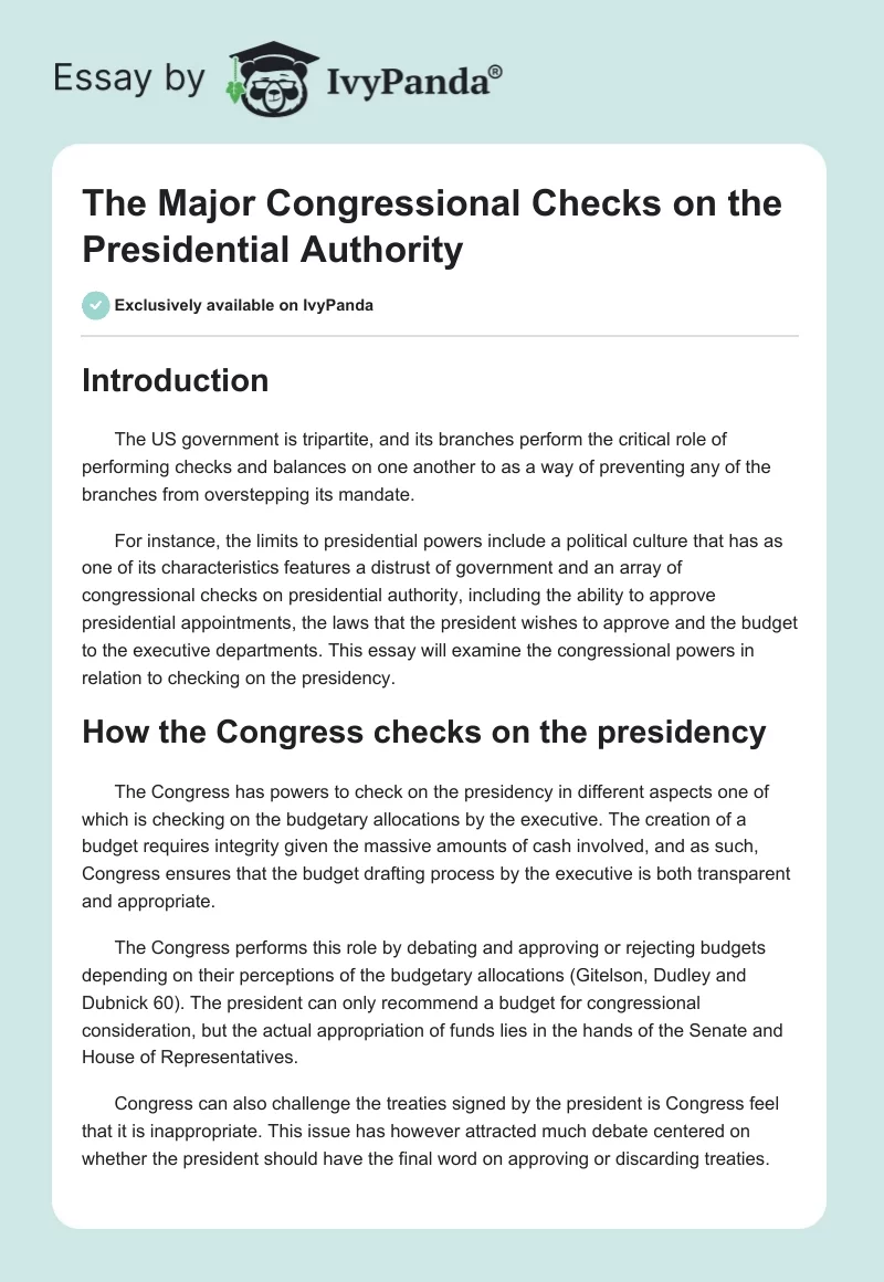 The Major Congressional Checks on the Presidential Authority. Page 1