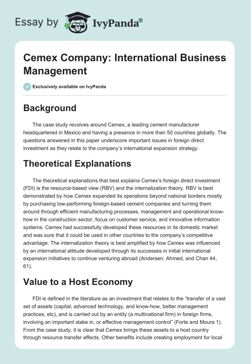 Cemex Company: International Business Management. Page 1