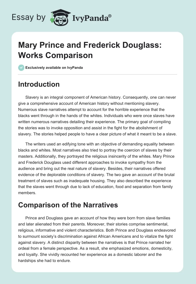 Mary Prince and Frederick Douglass: Works Comparison. Page 1