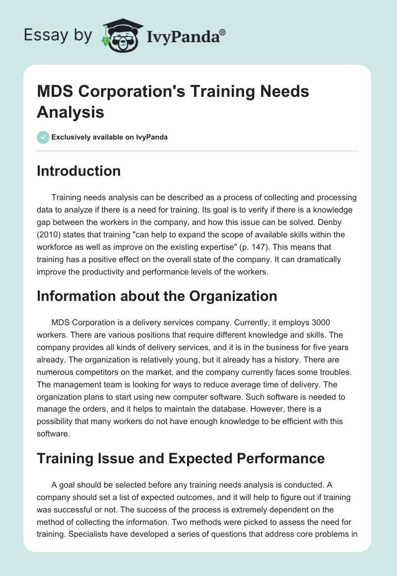 MDS Corporation's Training Needs Analysis. Page 1