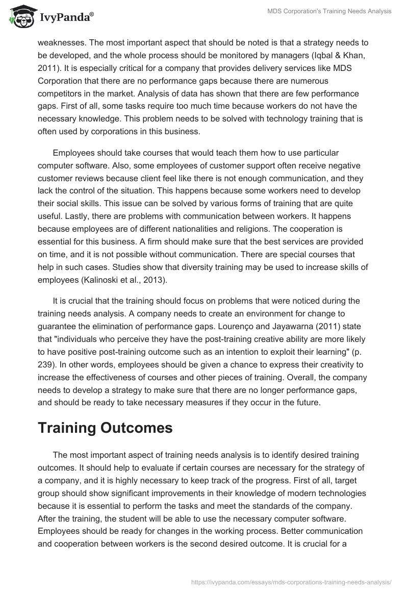 MDS Corporation's Training Needs Analysis. Page 3