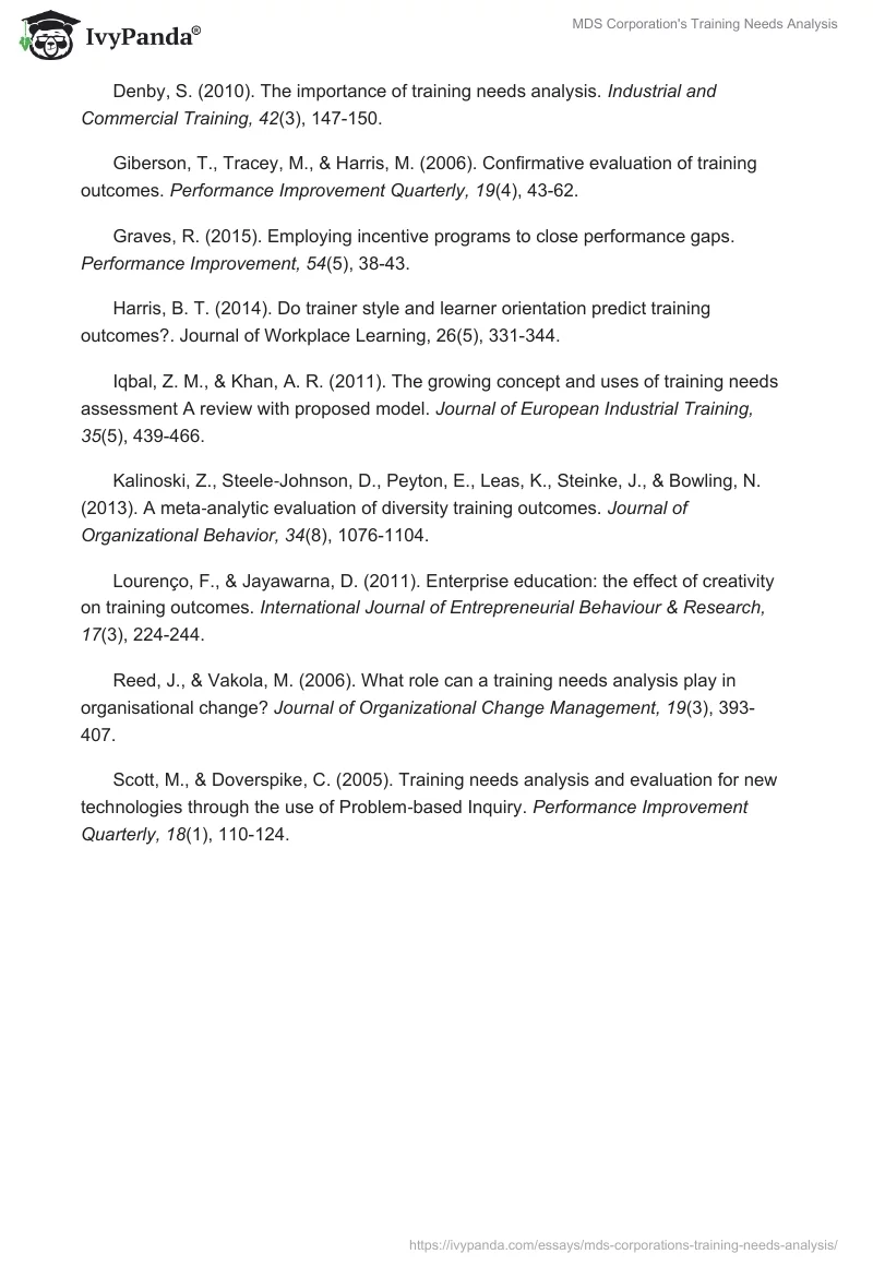 MDS Corporation's Training Needs Analysis. Page 5