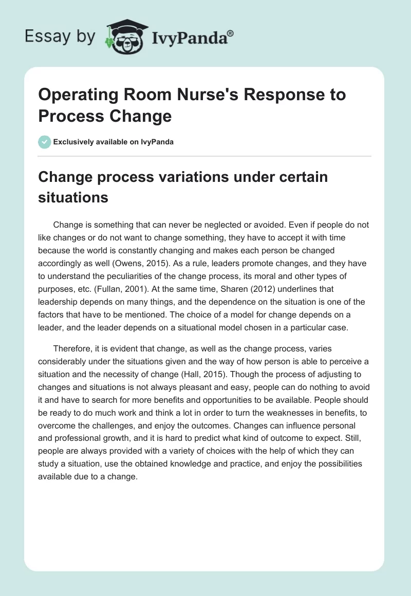 Operating Room Nurse's Response to Process Change. Page 1