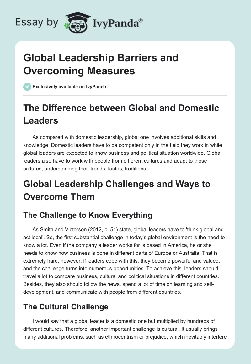 Global Leadership Barriers and Overcoming Measures. Page 1