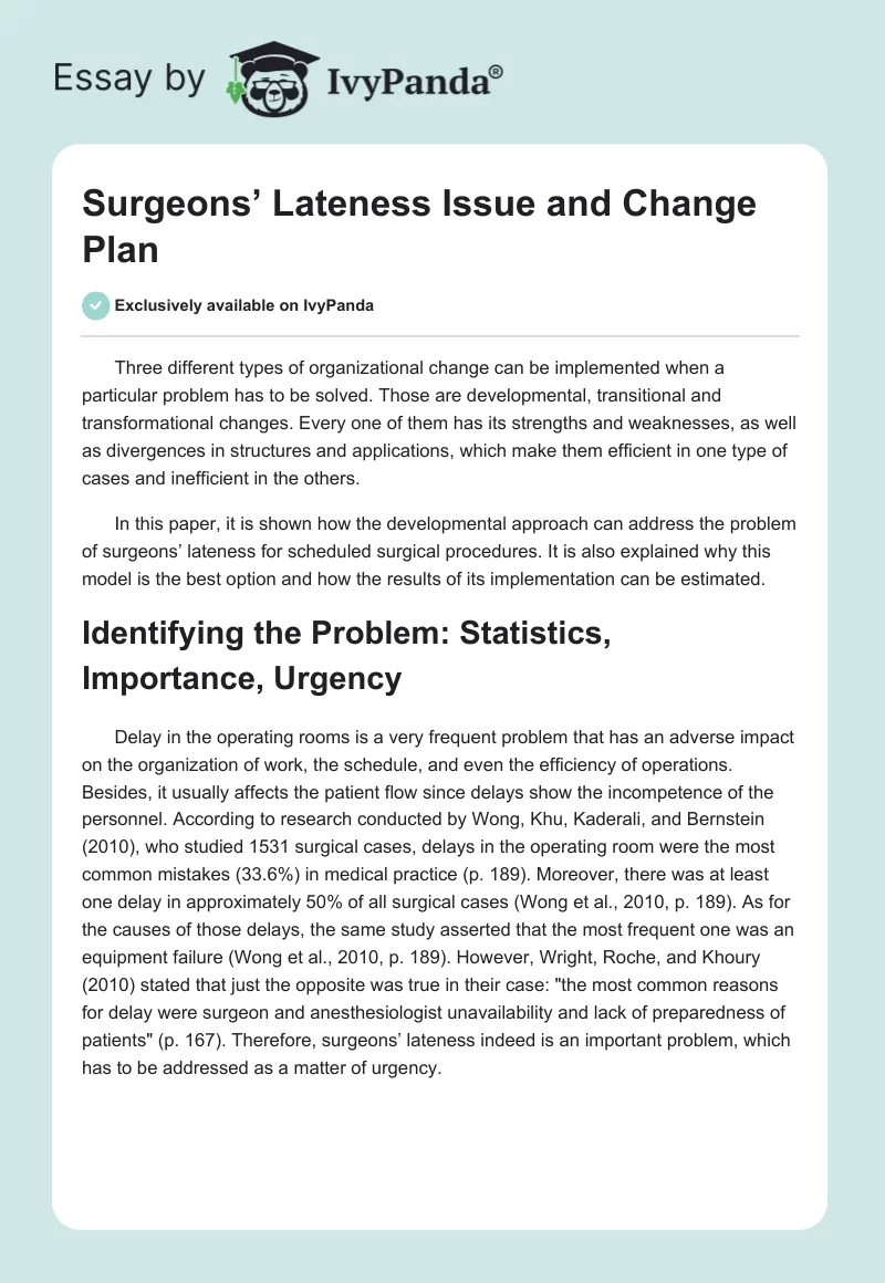 Surgeons’ Lateness Issue and Change Plan. Page 1