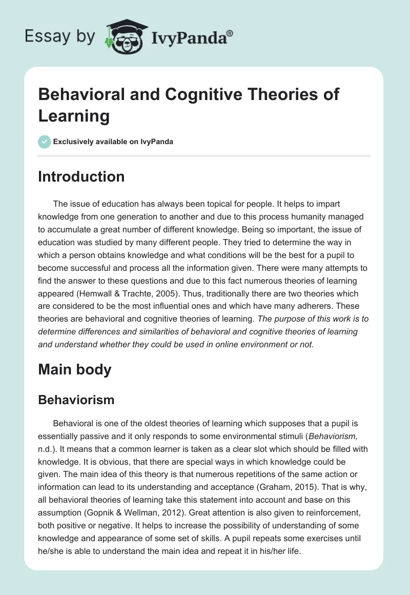 Behavioral and Cognitive Theories of Learning. Page 1