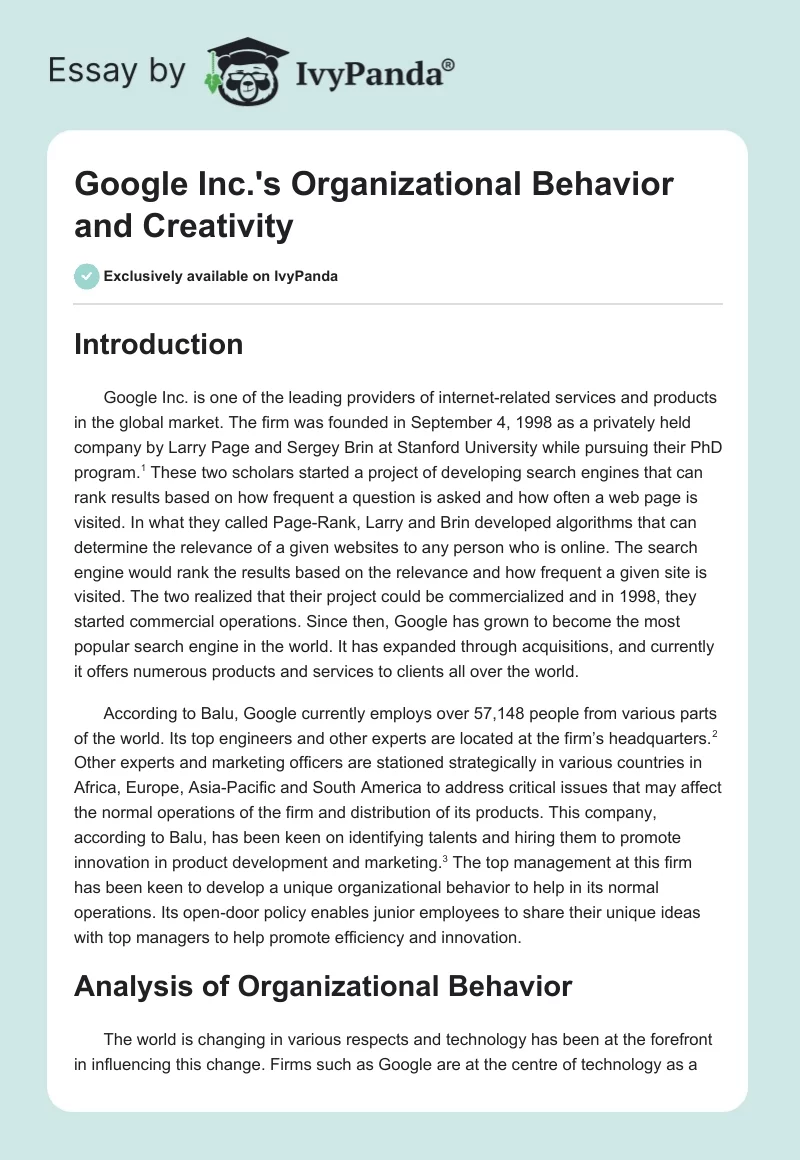 Google Inc.'s Organizational Behavior and Creativity. Page 1